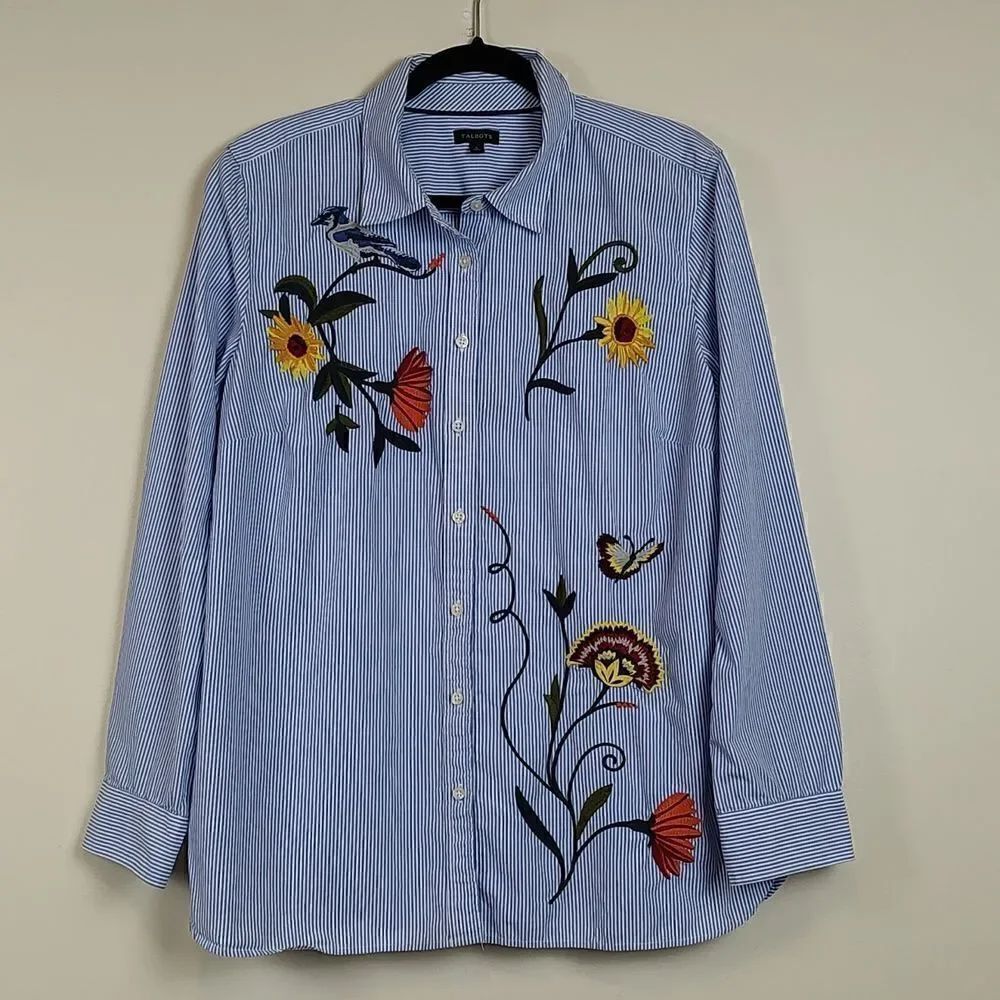 Talbot's Pinstripe Embroidered Floral Cotton Button Down Long Sleeve Blouse NWOT